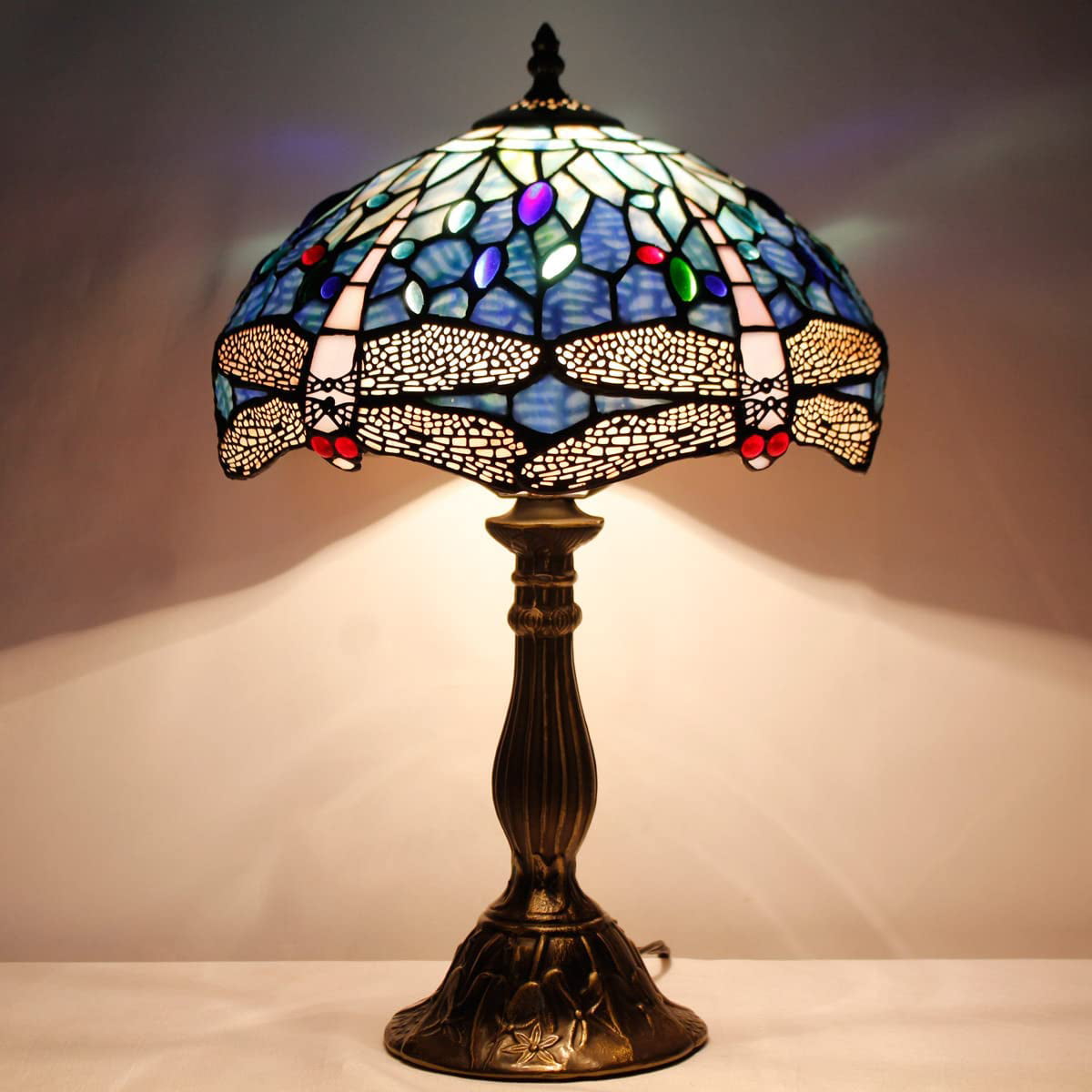 SHADY  Table Lamp Blue Stained Glass Dragonfly Style Desk Bedside Reading Light 12X12X18 Inches Decor Bedroom Living Room Home Office S631 Series