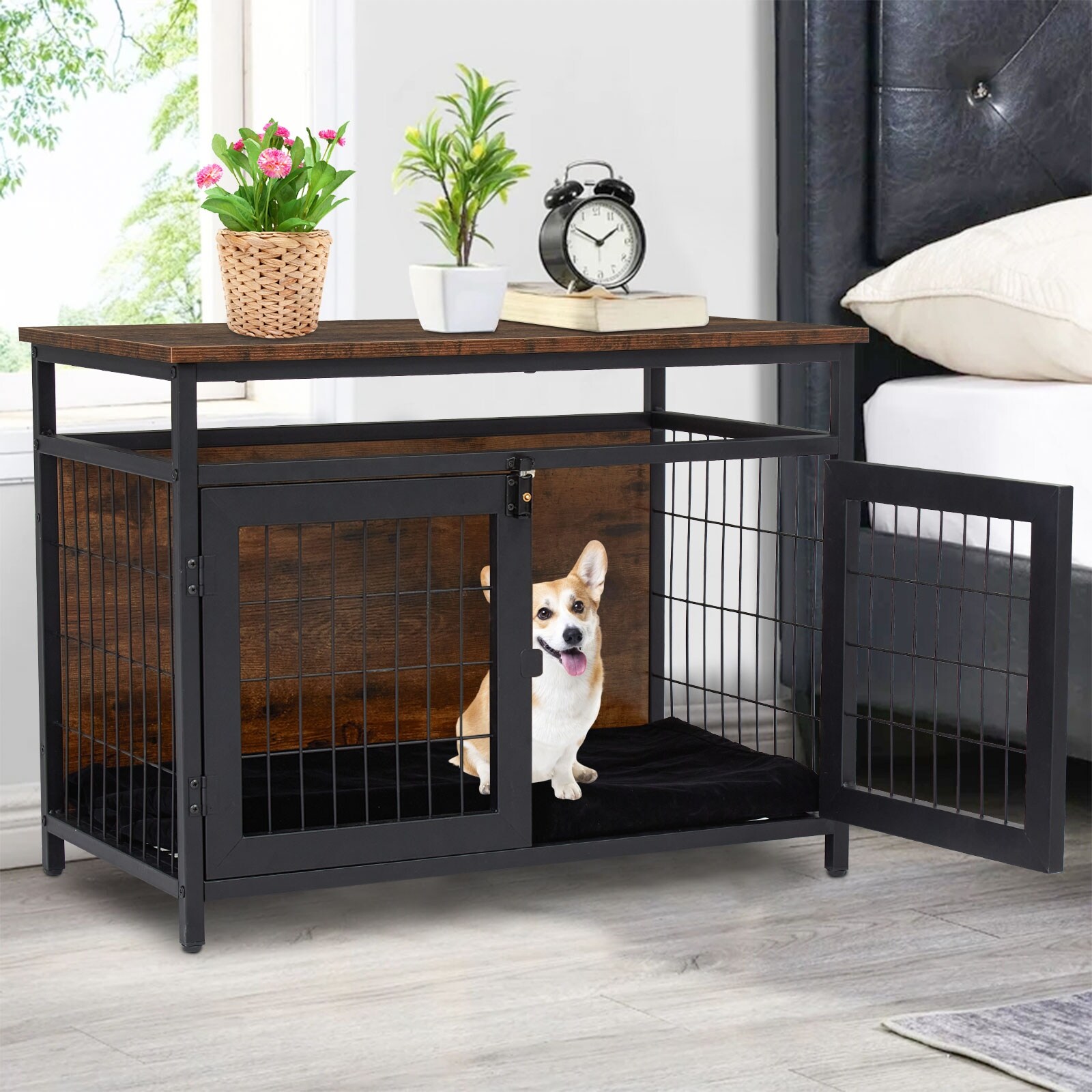 Dog Crate Furniture with Double Doors， Wooden Dog Crate， Indoor Dog Kennel w/ Metal Wire Mesh， Pet Crate End Table