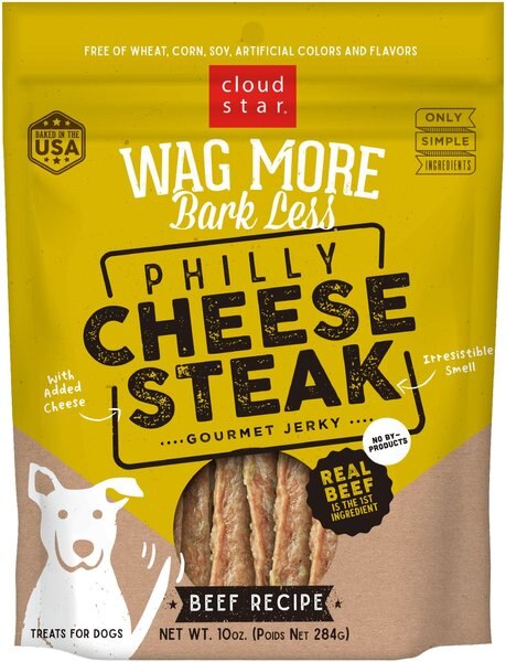 Cloud Star Wag More Bark Less Jerky Philly Cheesesteak Beef Dog Treats， 10-oz bag