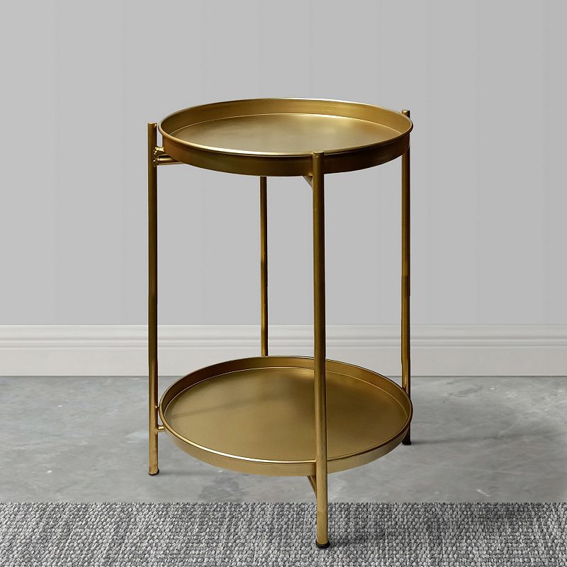 20 Inch High Round Side End Table with 2 Tier Iron Frame， Matte Gold