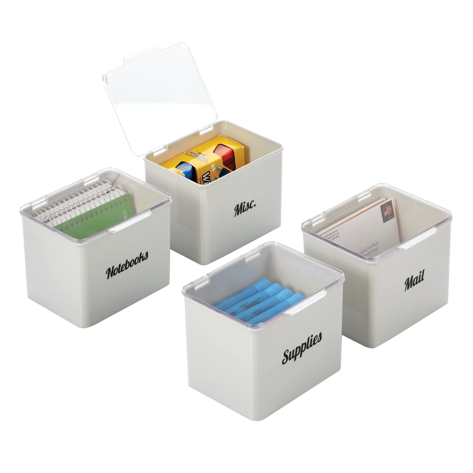 mDesign Plastic Stackable Home, Office Supplies Storage Organizer Box with Hinged Lid - for Note Pads, Gel Pens, Staples, Dry Erase Markers, Tape - Tall, Pack of 4, 32 Labels - Light Gray/Clear