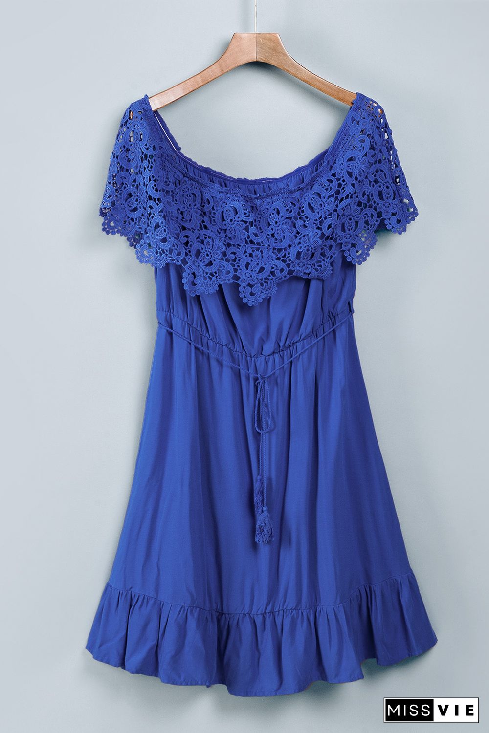 Blue Off-the-shoulder Lace Sleeves Plus size Dress