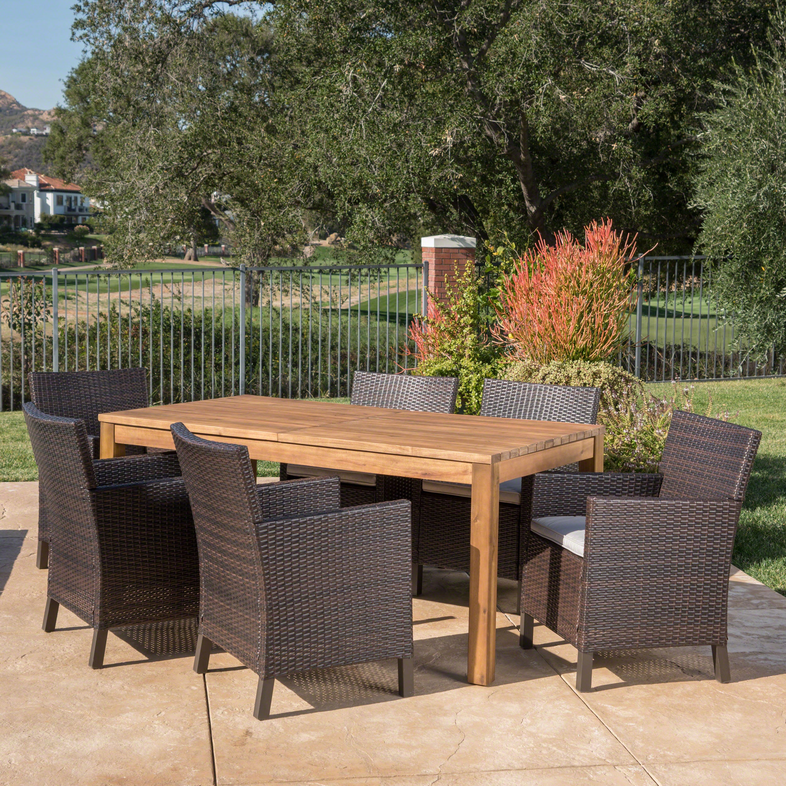 Lilith Outdoor 7 Piece Multibrown Wicker Dining Set with Teak Finished Acacia Wood Expandable Dining Table and Light Brown Water Resistant Cushions