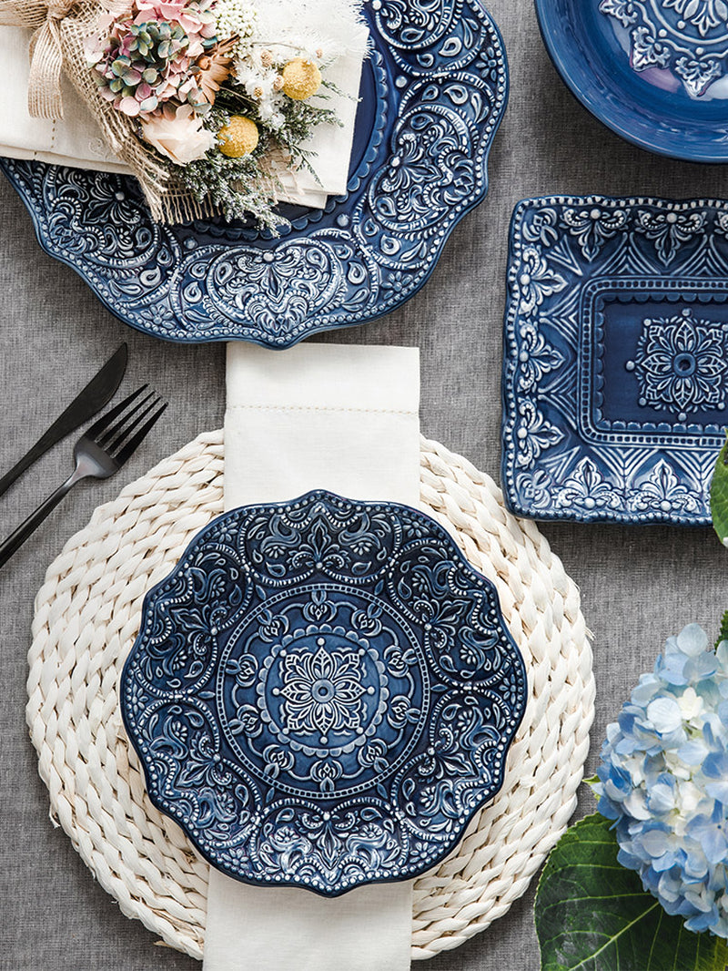 Nordic Blue Vintage Tableware Set Ceramic Rice Salad round Dish Dinner Plate Bowl Dinnerware Set Microwave Safe W4827