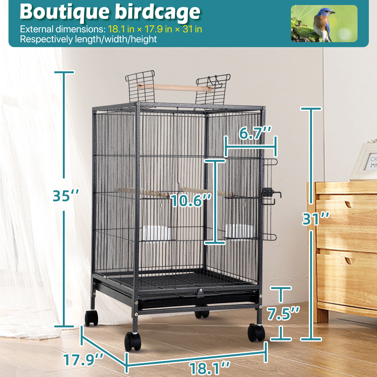 35 inch Birdcage with Stand Parrot Cage for Large Birds Parakeet Cage Wrought Iron Jaulas Para Pajaros with Play Open Top， Bottom Tray， 2 Feeders for Parakeets， Canary， Cockatiel