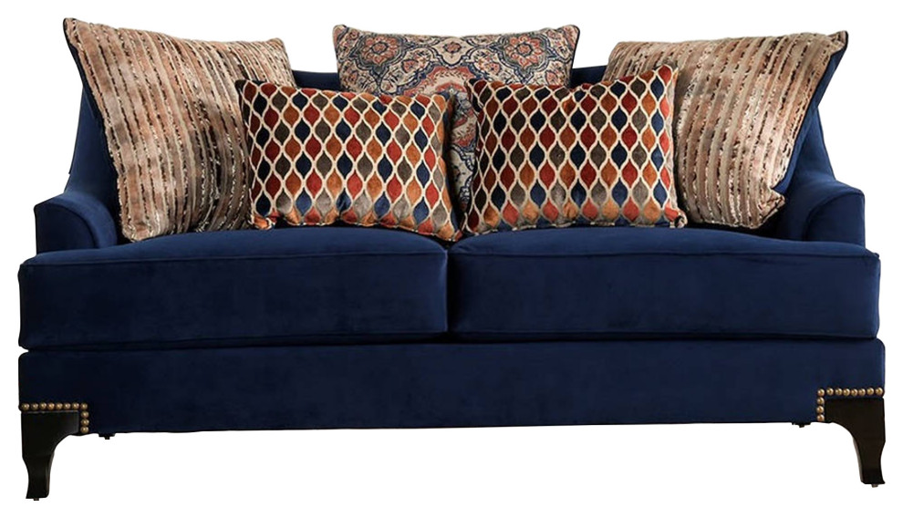 Wood And Chenille Fabric Upholstered Loveseat With Throw Pillows  Blue   Transitional   Loveseats   by VirVentures  Houzz