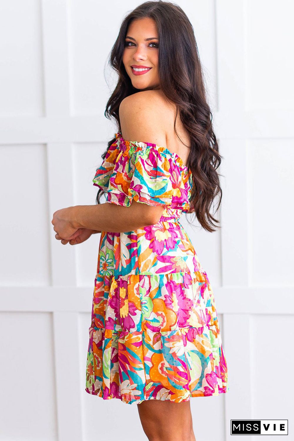 Multicolor Boho Off-shoulder Smocked Tiered Floral Dress