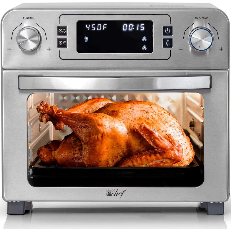 Deco Chef DGTQAIRSTS 24 QT Stainless Steel Countertop 1700 Watt Toaster Oven with Built-in Air Fryer and Included Rotisserie Assembly， Grill Rack， Frying Basket， and Baking Pan