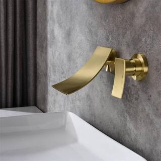 FLG Single-Handle Wall Mounted Bathroom Faucet Waterfall Sink Faucets in Brushed Gold DD-0016-BG