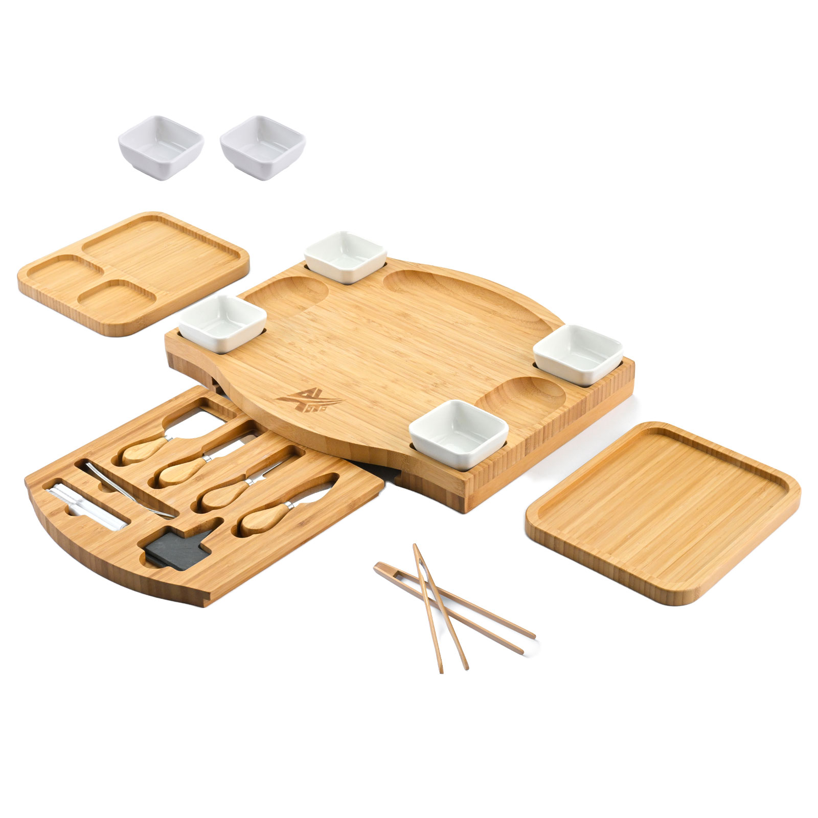 AYTITI Bamboo Cheese Board Charcuterie Platter and Serving Tray Including Free Rectangle Fruit Tray and Tong Thick Wooden Server Perfect Choice for Gourmets Set Large Boards Gifts New Home