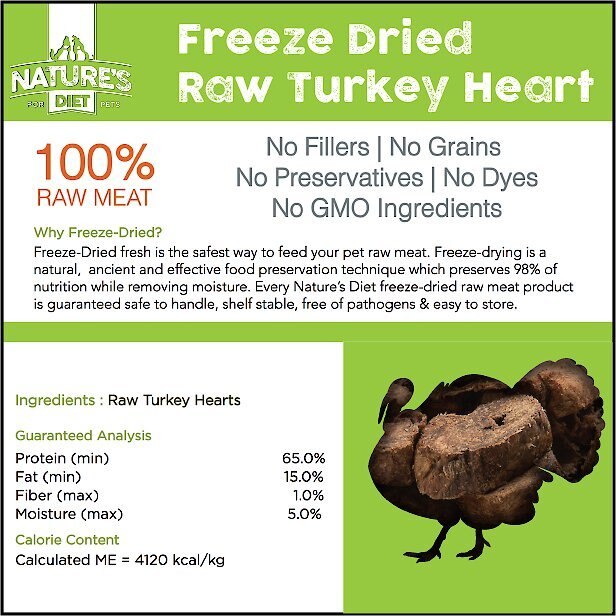 Nature's Diet Turkey Heart Raw Freeze-Dried Dog Treats， 4-oz pouch