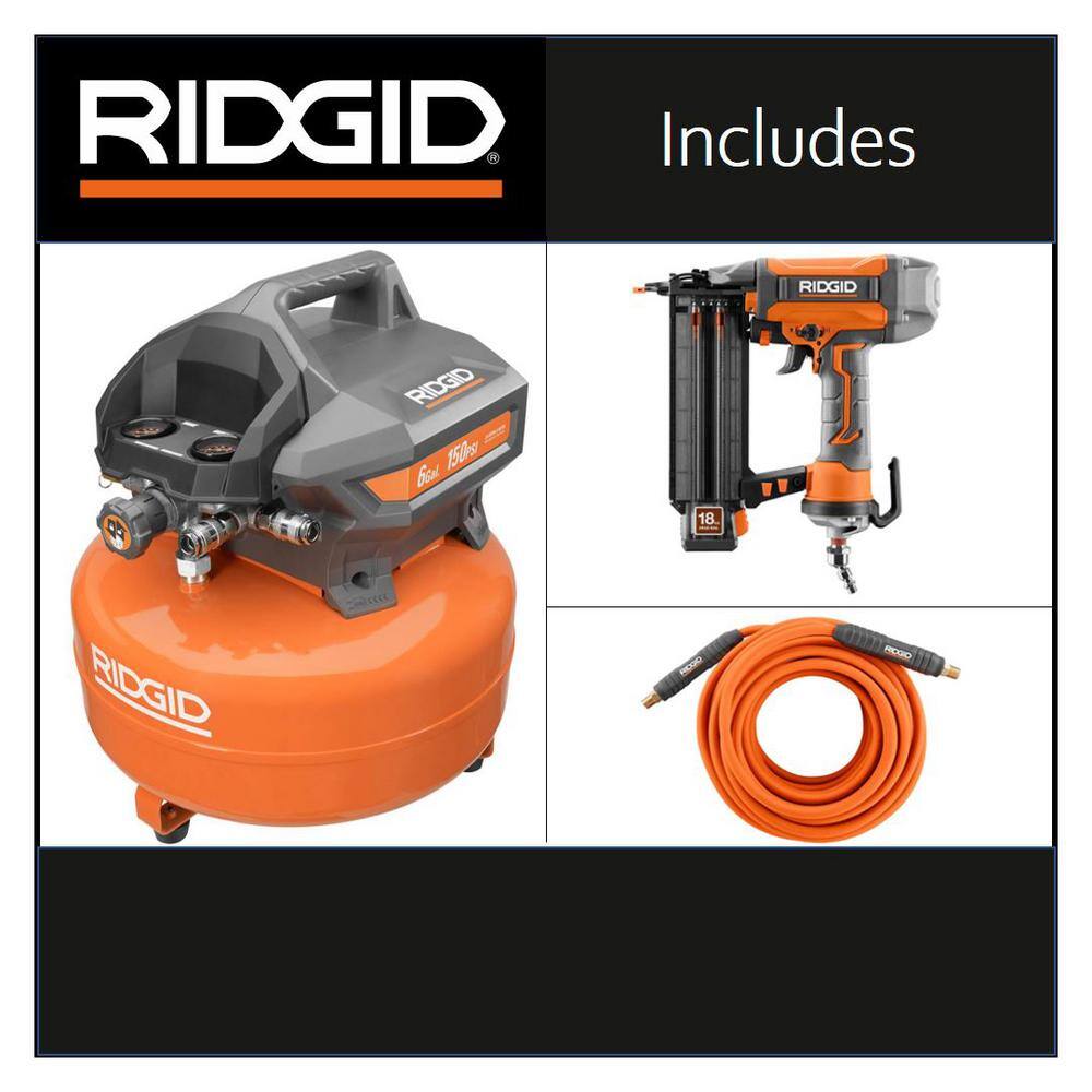 RIDGID 6 Gal. Compressor with 50ft. Lay Flat Hose and 18GA Brad Nailer OF60150HB-R5025LF-R213BNF