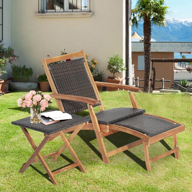 Costway 2pcs Patio Rattan Folding Lounge Chair Table Acacia Wood W retractable Footrest