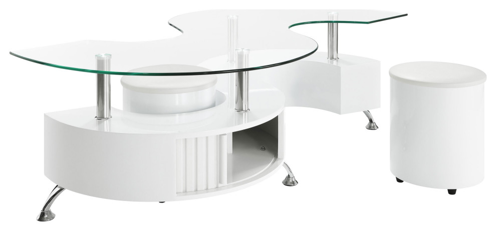 Buckley Curved Glass Top Coffee Table With Stools White High Gloss   Modern   Coffee Tables   by Modon  Houzz