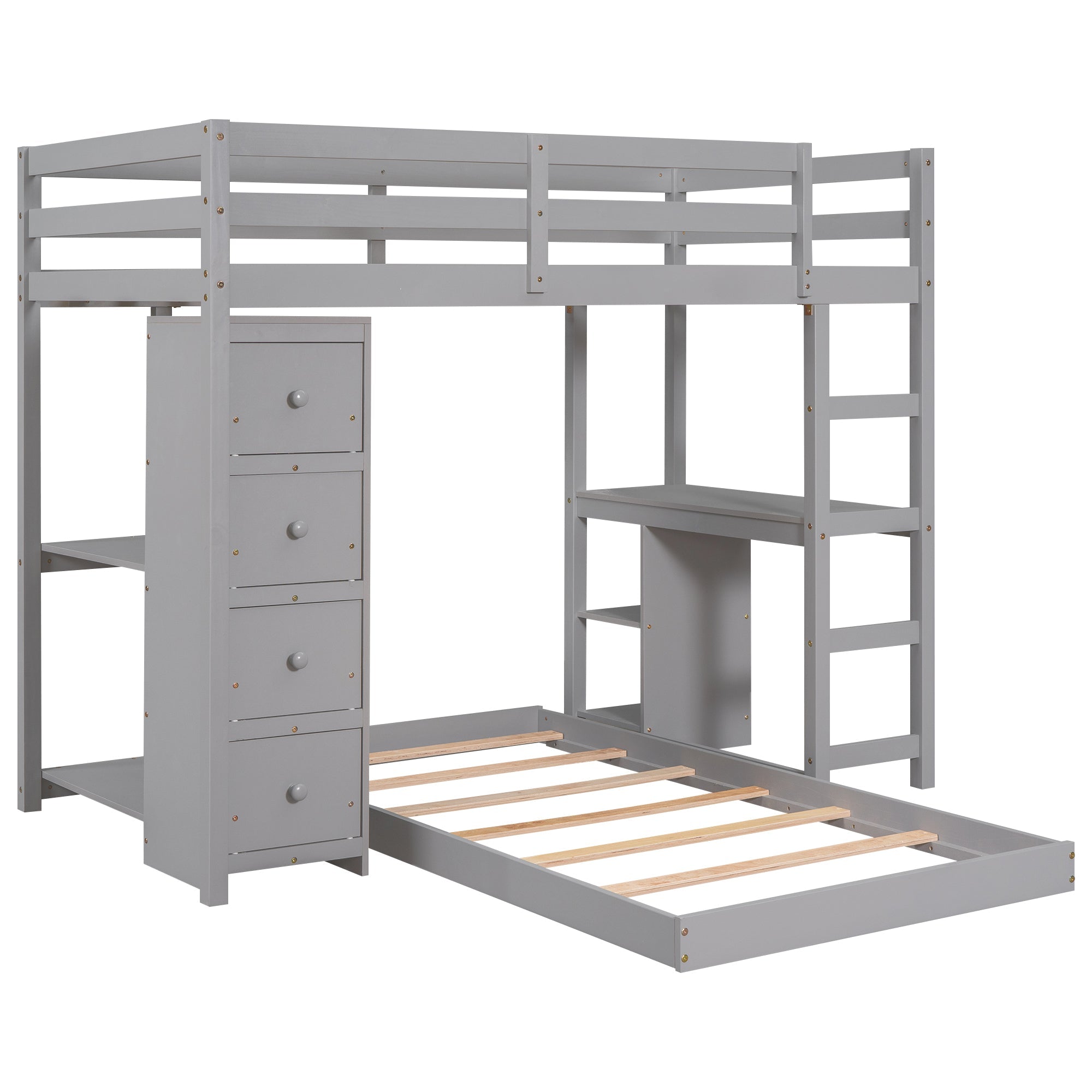 Euroco Twin Over Twin Loft Bed with Four Drawers and Ladder for Kids, Gray