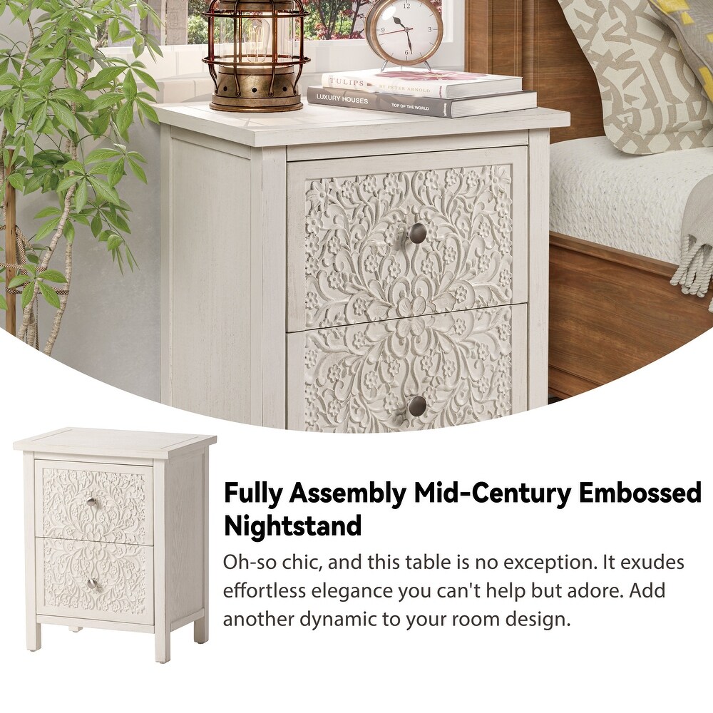 COZAYH Farmhouse Fully Assembled Nightstand with 2 Drawer  Flower Motif End Table for Small Spaces  French Country