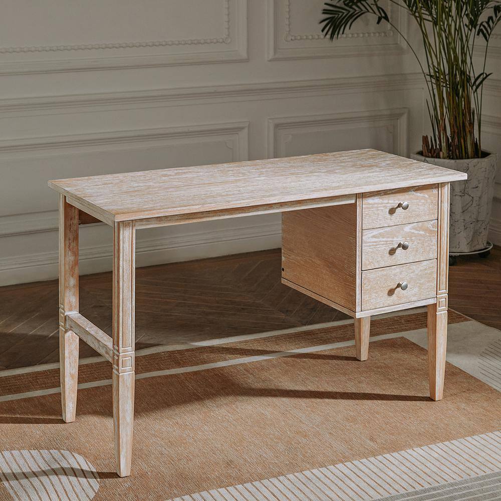 Homy Casa Sydni 45.3 in. Retangle Natural Wood 3 Drawer Writing Desk SYDNI