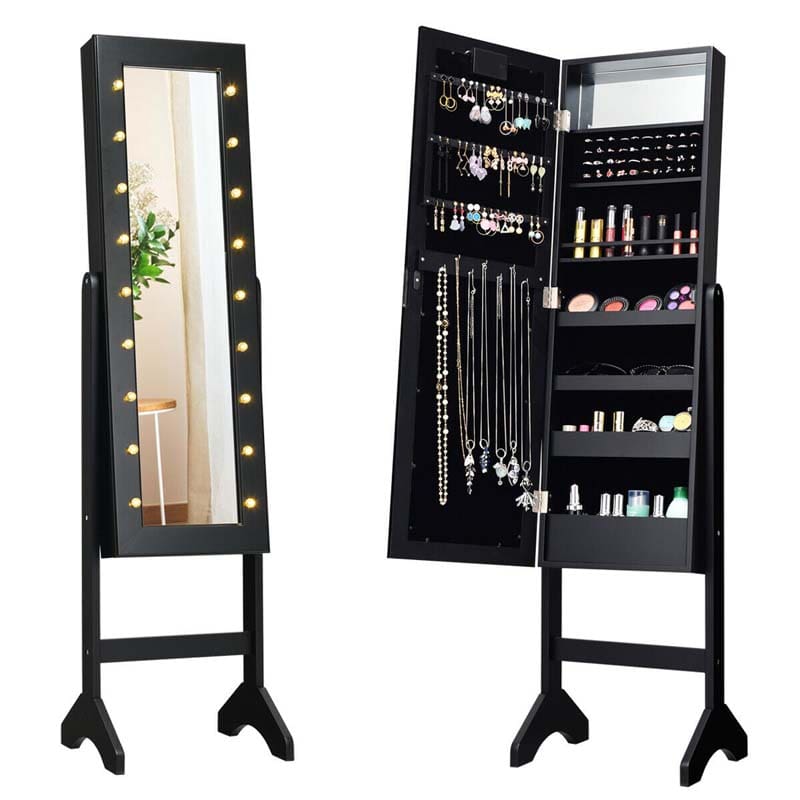 18 LEDs Large Standing Jewelry Armoire Cabinet Makeup Mirror with Full-Length Mirror 16 Lipstick Holder