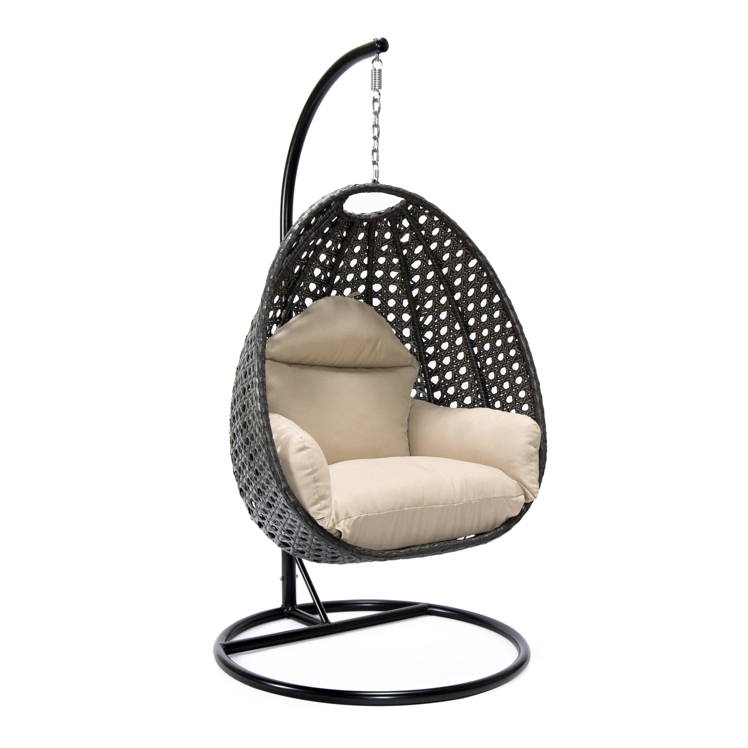 LeisureMod Charcoal Wicker Indoor Outdoor Bedroom Patio Hanging Egg Swing Chair with Stand and Cushion Beige