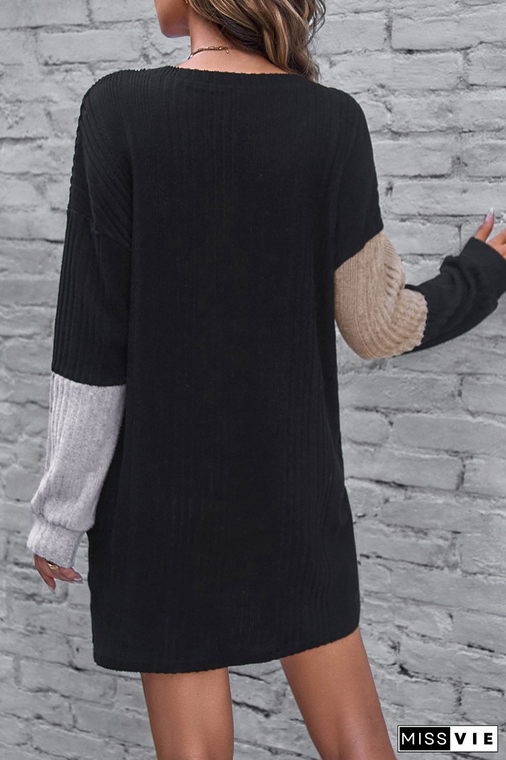 Ribbed Color Block Drop Shoulder Long Sleeve Mini Dress