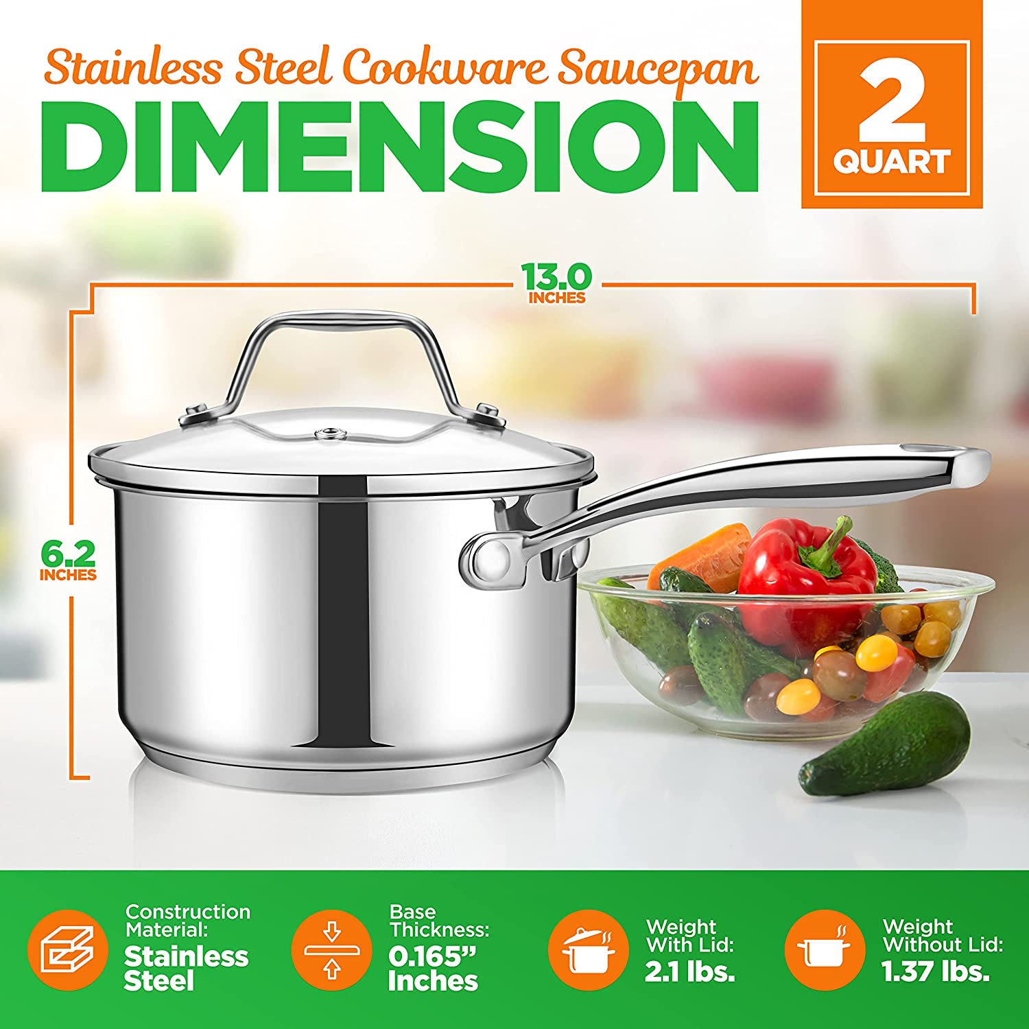 NutriChef 2-Quart Stainless Steel Saucepan - 18/8 Food Grade Heavy Duty Cookware， Sauce Pot， Stew Pot， Simmering Pot Kitchenware w/ See Through Lid， Dishwasher Safe， For Induction Gas Ceramic Cooktops