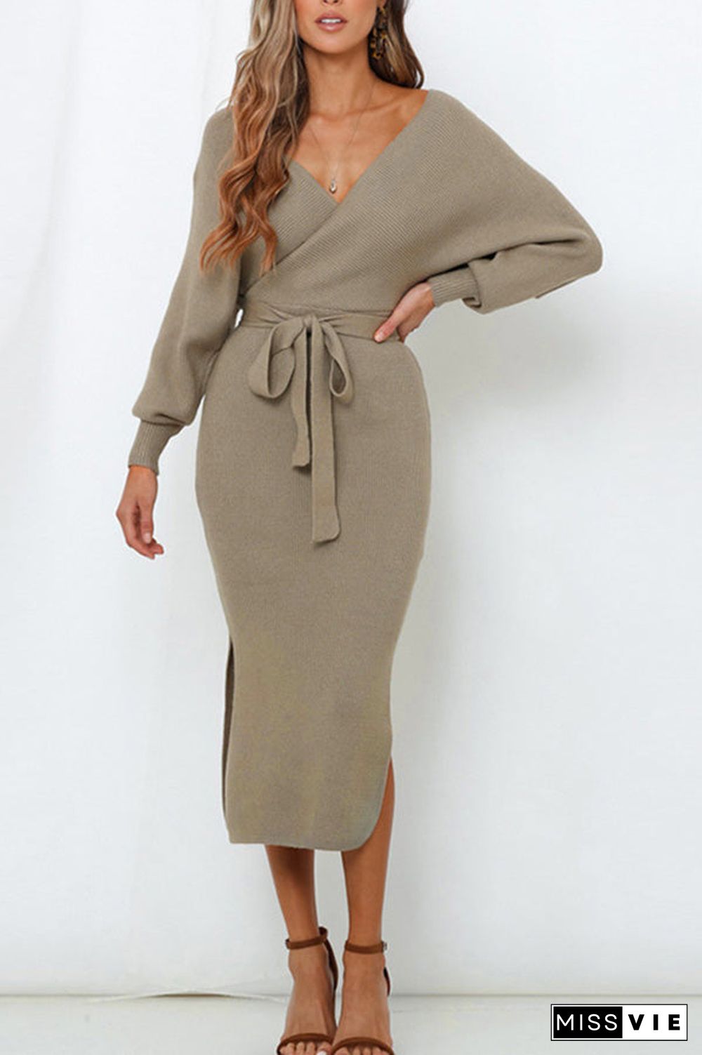 Solid Lace-up Slit V-neck Knit Dress