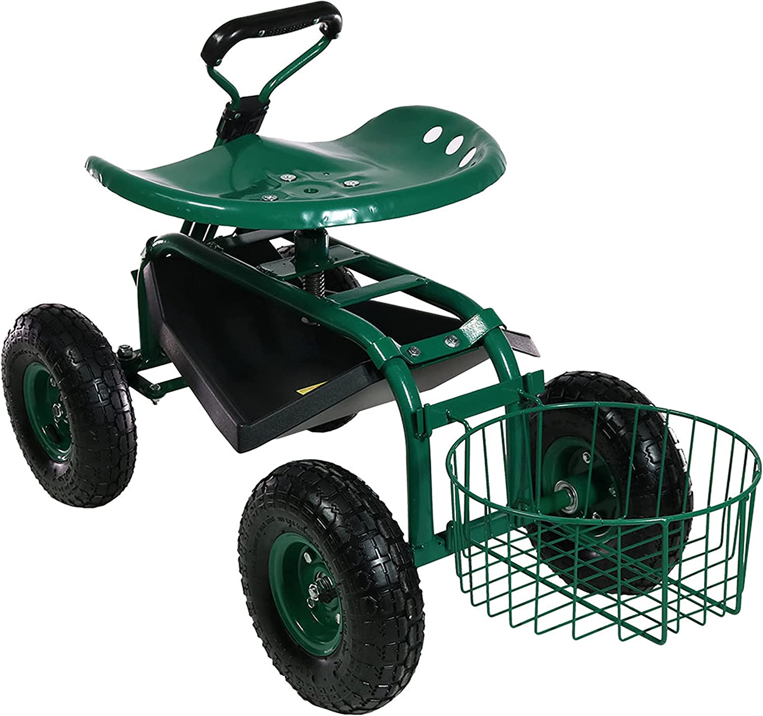 Sunnydaze Garden Cart Rolling Scooter with Extendable Steer Handle， Swivel Seat and Utility Tool Tray， Green