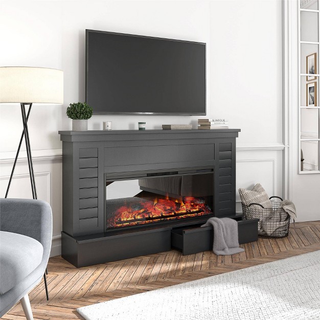 Hathaway Wide Shiplap Mantel With Linear Electric Fireplace And Storage Drawers Black Room amp Joy