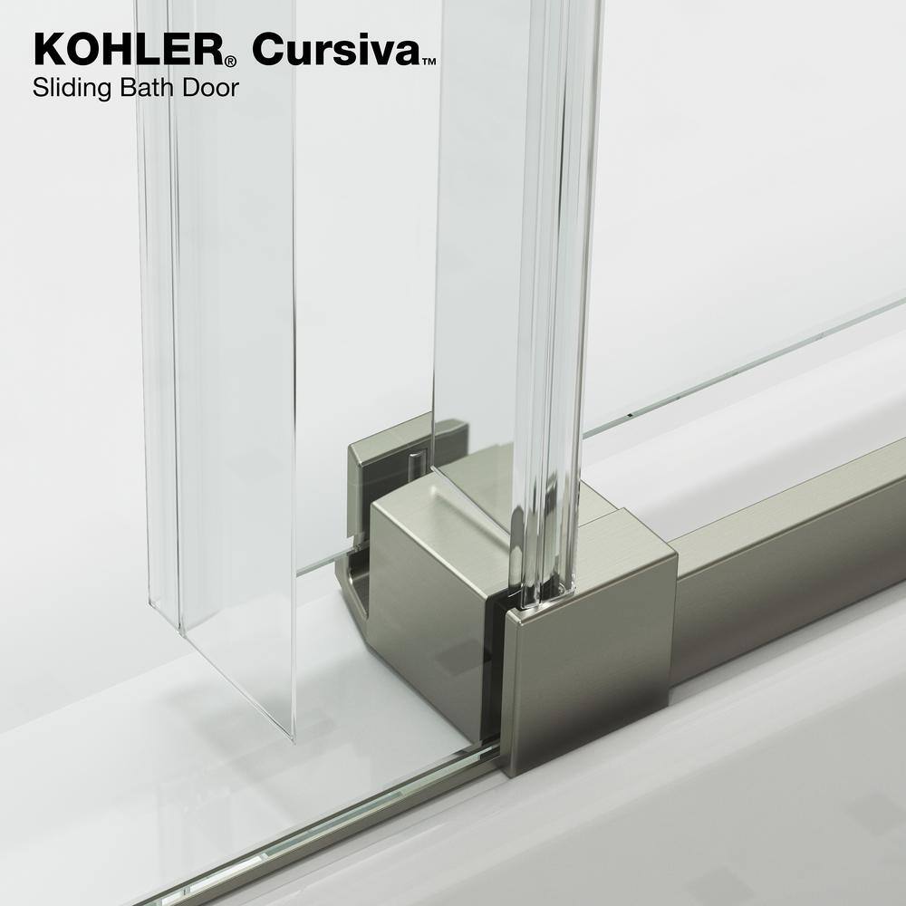 KOHLER Cursiva 59.875 in. W x 62 in. H Sliding Frameless Bath Tub Door in Anodized Brushed Nickel K-707626-8L-BNK