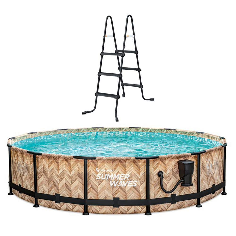 Summer Waves Light Oak Elite 14 ft. x 36 in. Round Frame Above Ground Swimming Pool P4Z01436E