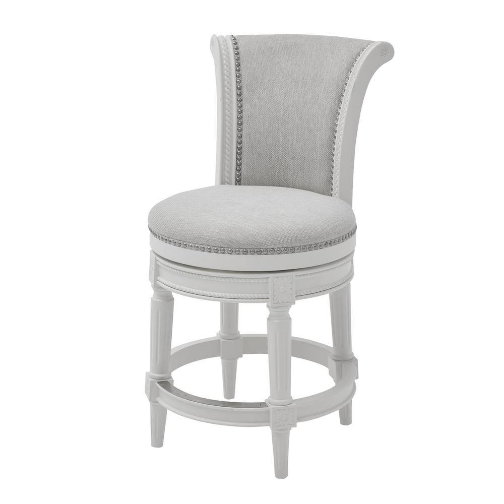 NewRidge Home Goods Chapman 39 in. Farmhouse White Wood 25 in. Counter-Height Swivel Bar Stool with Back Grey Upholstered Seat One Stool NR107104-FCS-AW