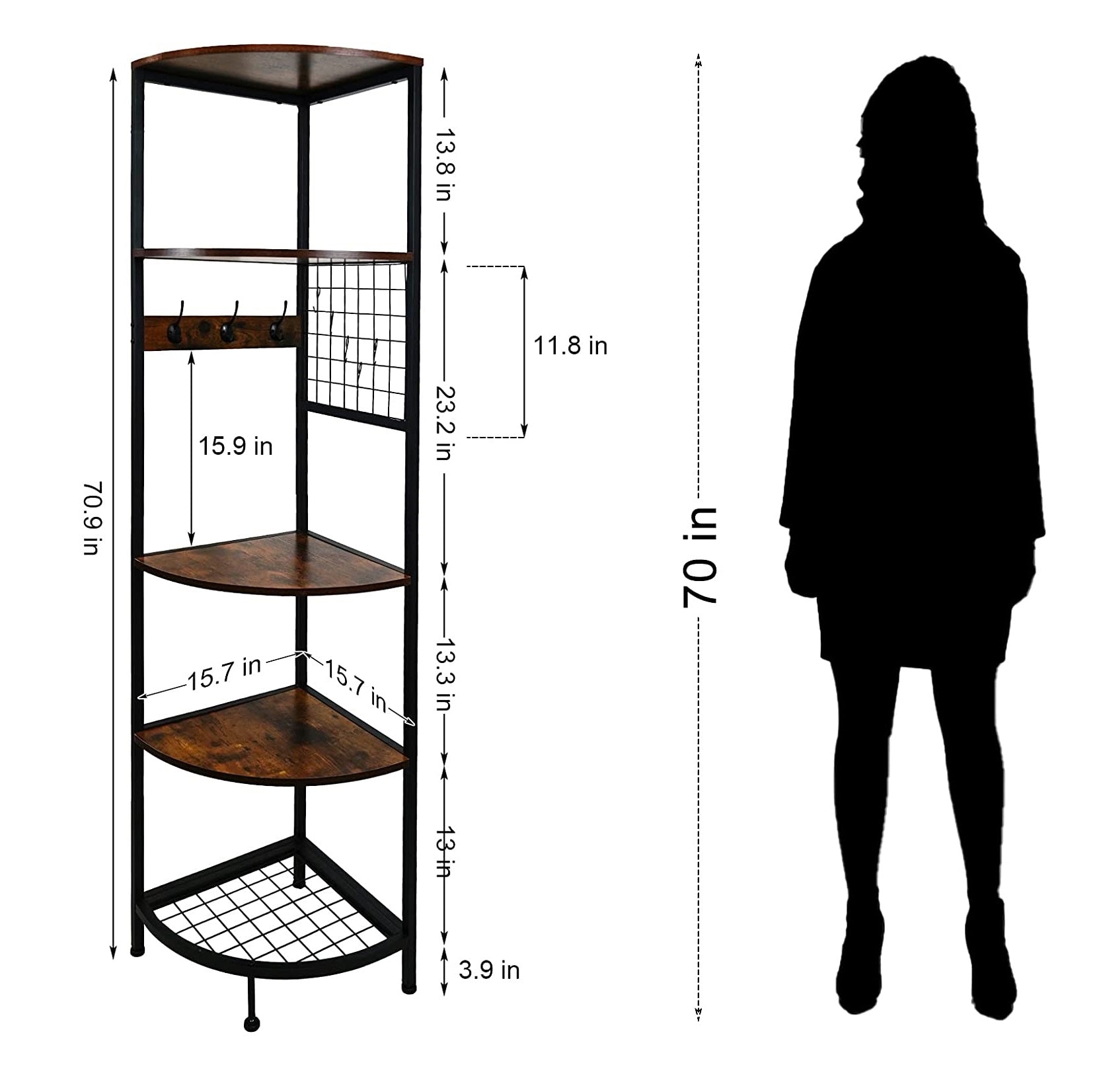 6 FT Tall 5-Tier Corner Shelf  Industrial Free Standing Corner Bookshelf Corner Display Storage Rack with Hanging Hooks Metal Frame Plant Stand Rack Antique Brown