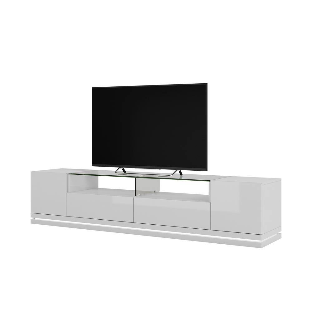 Manhattan Comfort Vanderbilt 85 in. White Gloss Wood TV Stand with 2 Drawer Fits TVs Up to 70 in. with Shelves 17552