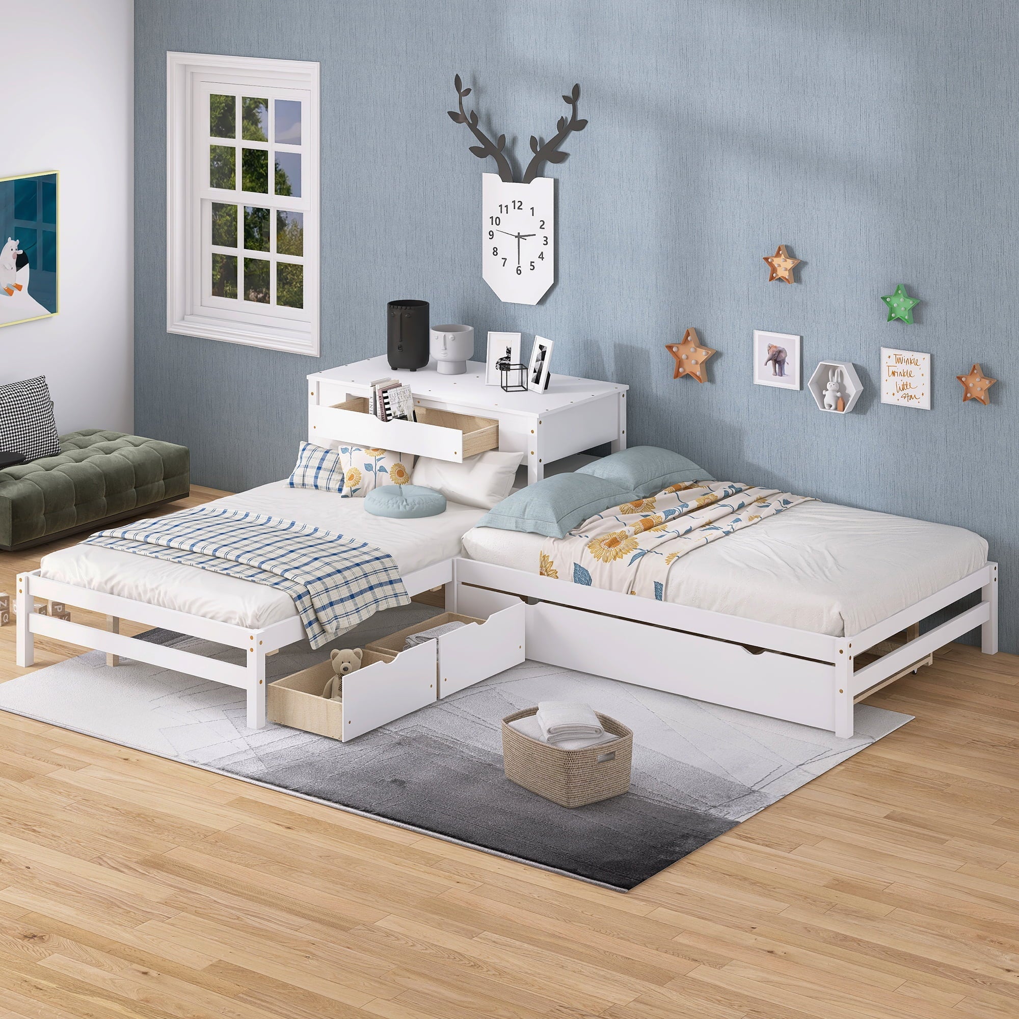 Full L-Shaped Platform Beds with Trundle, Drawers and Table for Kids Bedroom, White