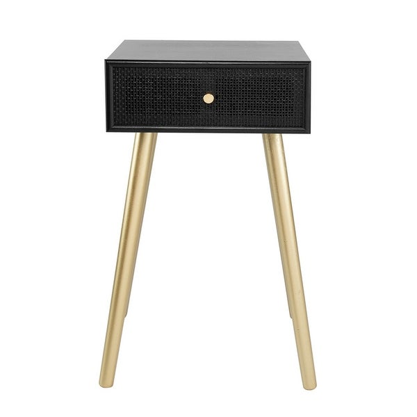 Gaia 28 Inch Pine Wood Side End Table， Gliding Rattan Drawer， Black， Gold