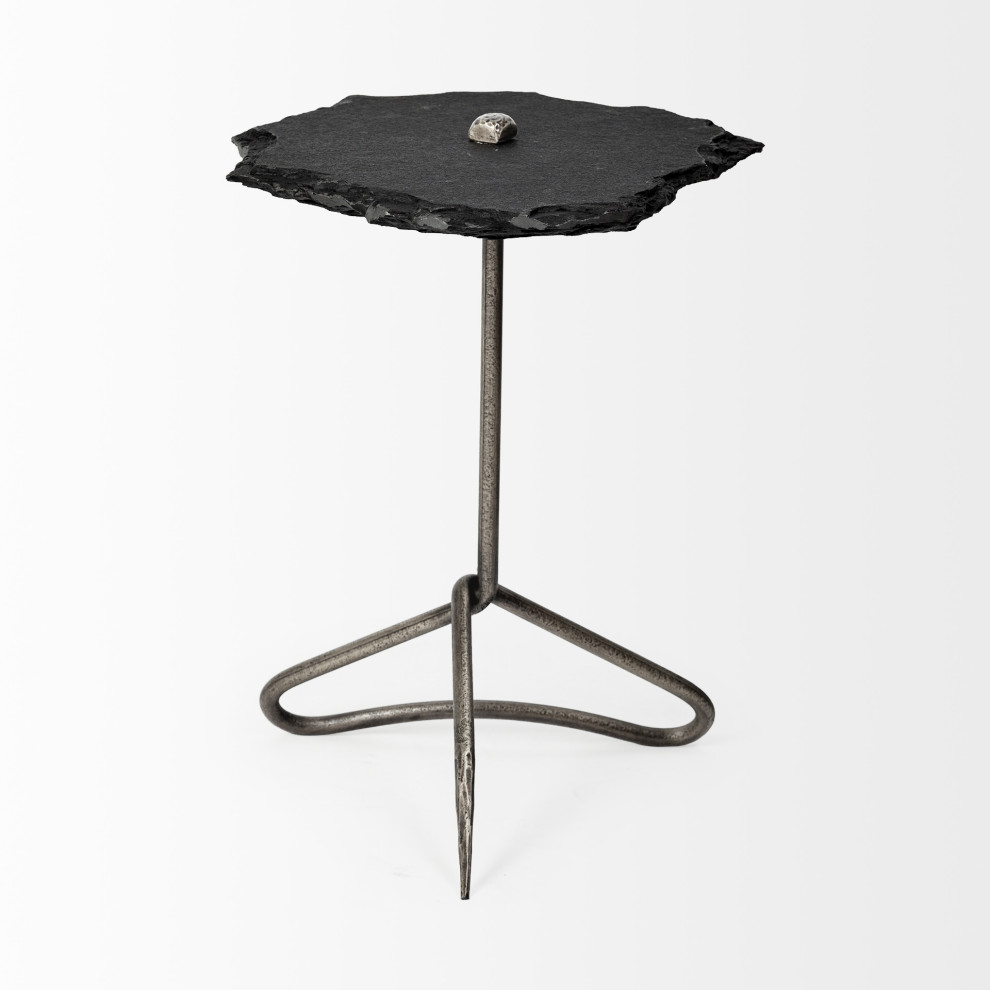 HomeRoots Black Slate Top Accent Table With Triangular Iron Base   Midcentury   Side Tables And End Tables   by UStradeENT LLC  Houzz