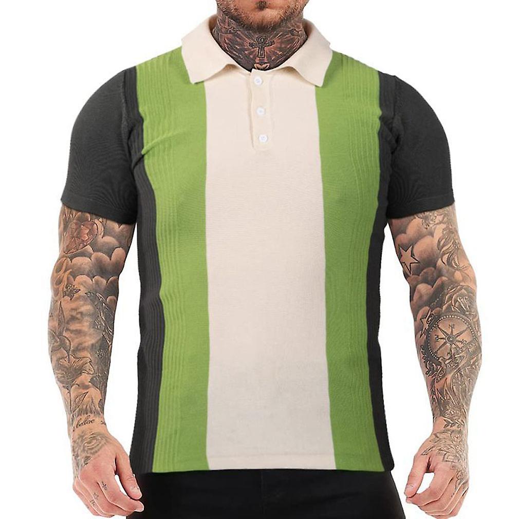 Men's Summer Knitted Polo Shirt Short Sleeve Vintage Striped Golf Shirt