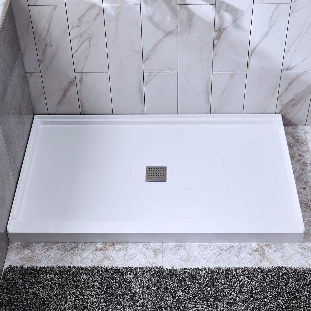 WOODBRIDGE 48 in x 32 in Solid Surface Single Threshold Center Drain Shower Pan with Stainless Steel Linear Cover in White