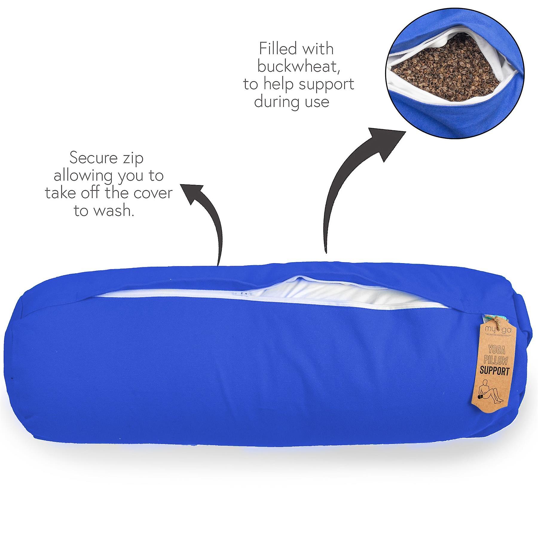 Myga Bolster Pillow - Buckwheat Support Cushion for Yoga， Pilates， Exercise and Fitness with Carry Handle - 63cm x 25cm - Blue