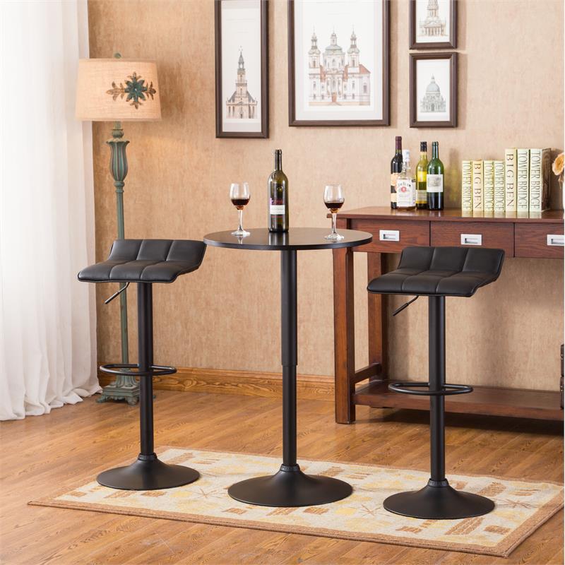 Roundhill Furniture Belham Black Round Top Adjustable Height Bar Table and 2 Swivel Black Bonded Leather Adjustable Bar Stool Bar Sets