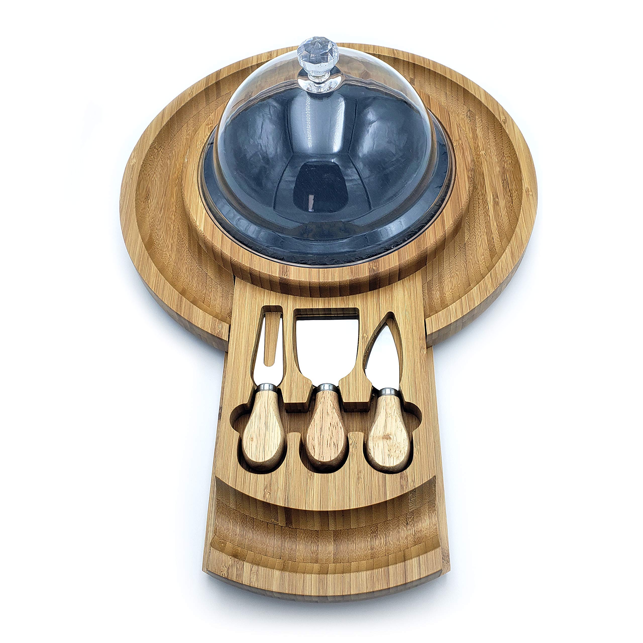 Premium Bamboo Cheese Charcuterie Board with Cutlery - 3 Stainless Steel Knife Set and an Acrylic Dome