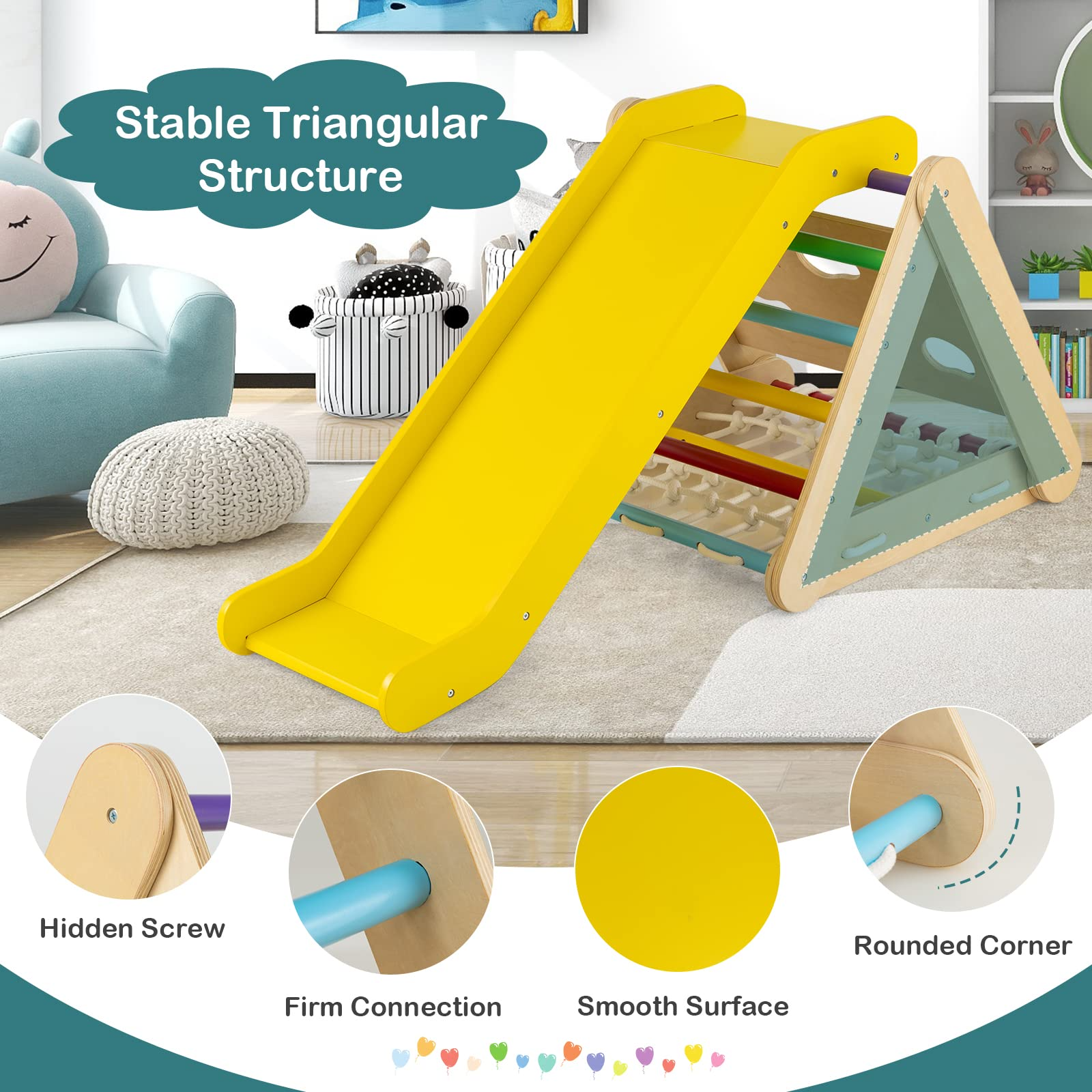 Costzon 4 in 1 Climbing Toy for Toddlers, 3-Sided Montessori Wooden Triangle Climber with Sliding Ramp, Climbing Net & Board