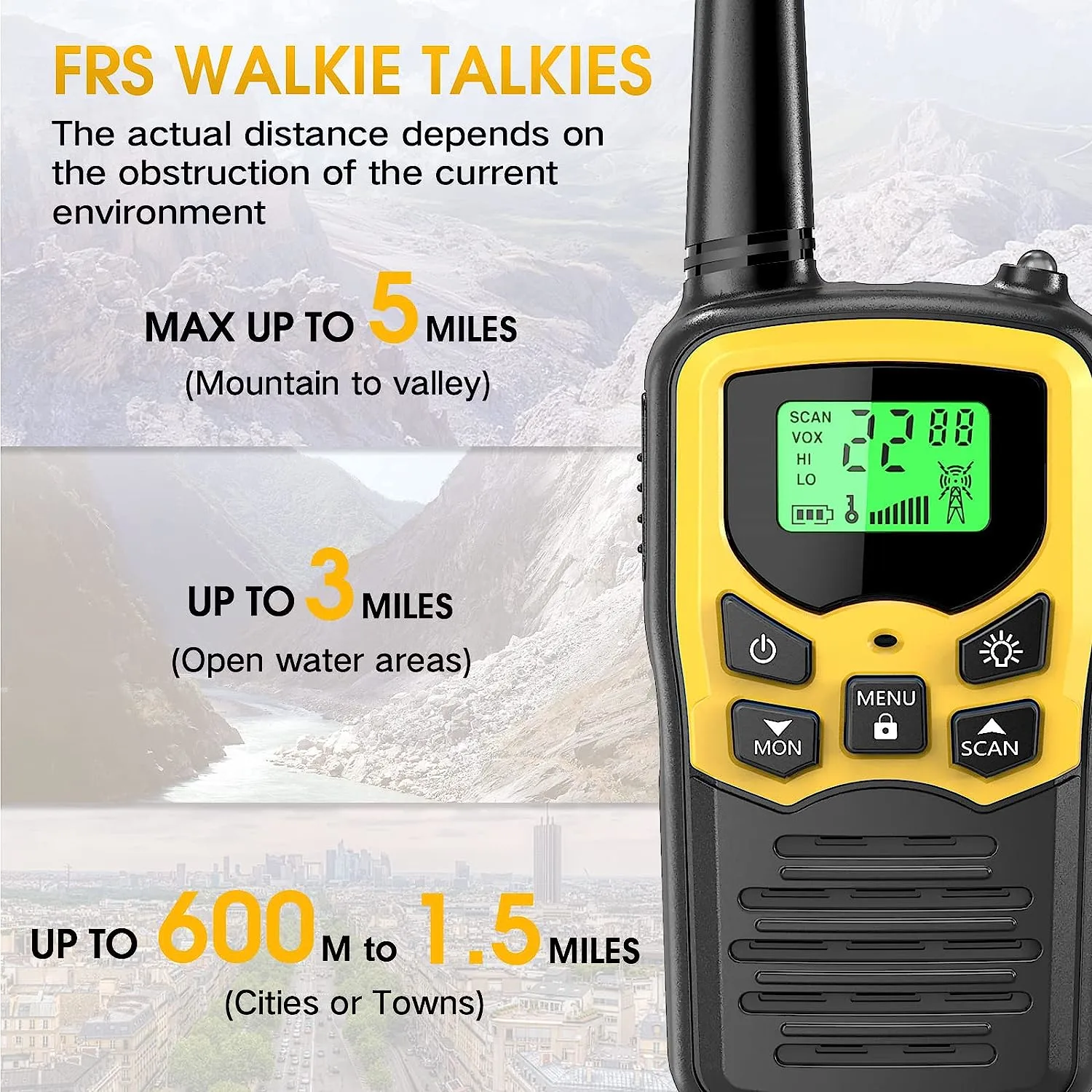 Walkie Talkies,  Long Range Walkie Talkies for Adults with 22 FRS Channels, Family Walkie Talkie with LED Flashlight VOX LCD Display for Hiking Camping Trip (Orange 2 Pack)