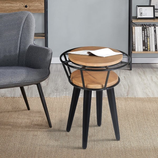 Industrial End Table with 2 Tier Round Wooden Shelving and Metal Frame， White Oak and Black