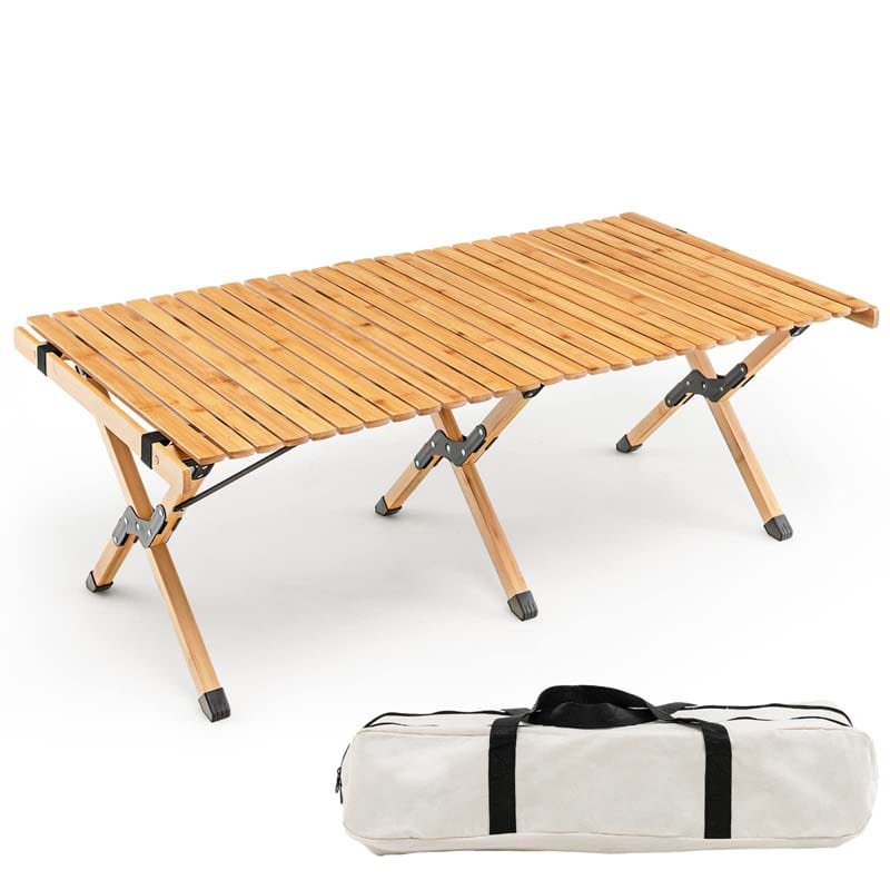 Folding Camping Table Portable Picnic Table with Carry Bag, Roll-up Bamboo Tabletop for BBQ Party Hiking