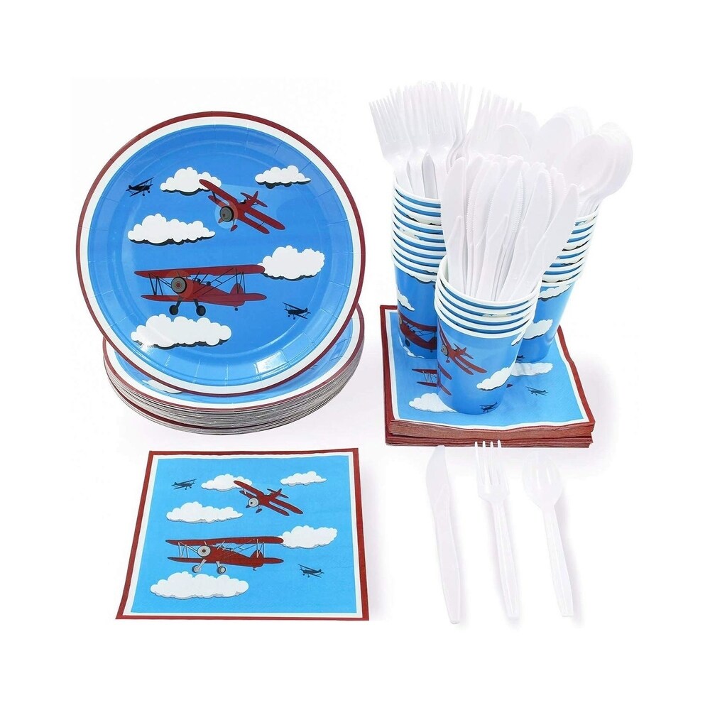 24 Set Kids Airplane Birthday Party Dinnerware Plate Knife Spoon Fork Cup Napkin