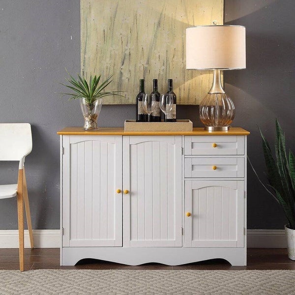 White Sideboard Buffet Cabinet with Light Wood Finish Top and Knobs - 31.5'' H x 43.7'' W x 15.75'' D