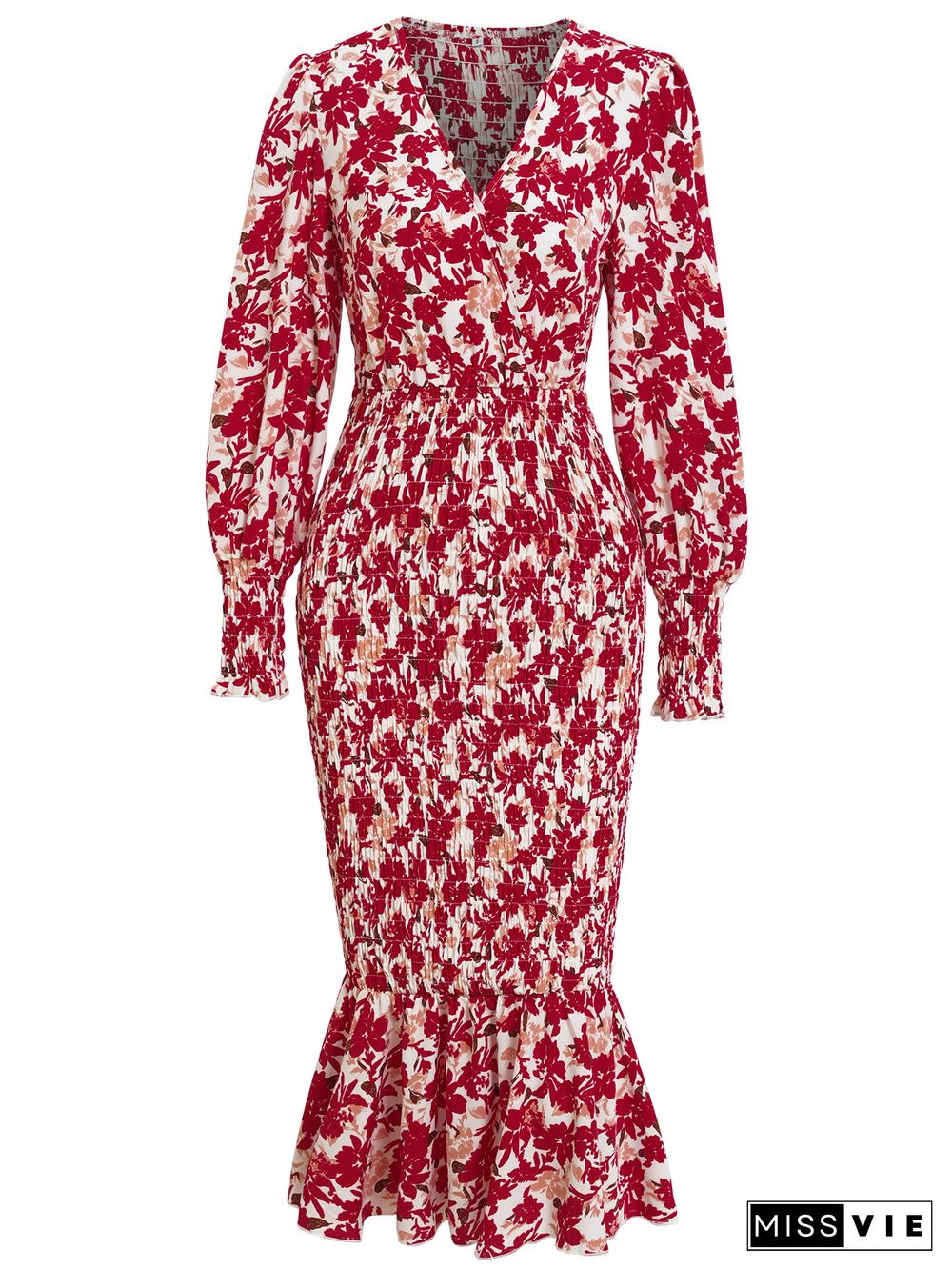 Wrap V Neck Pleated Fishtail Puffy Sleeves Midi Floral Dress