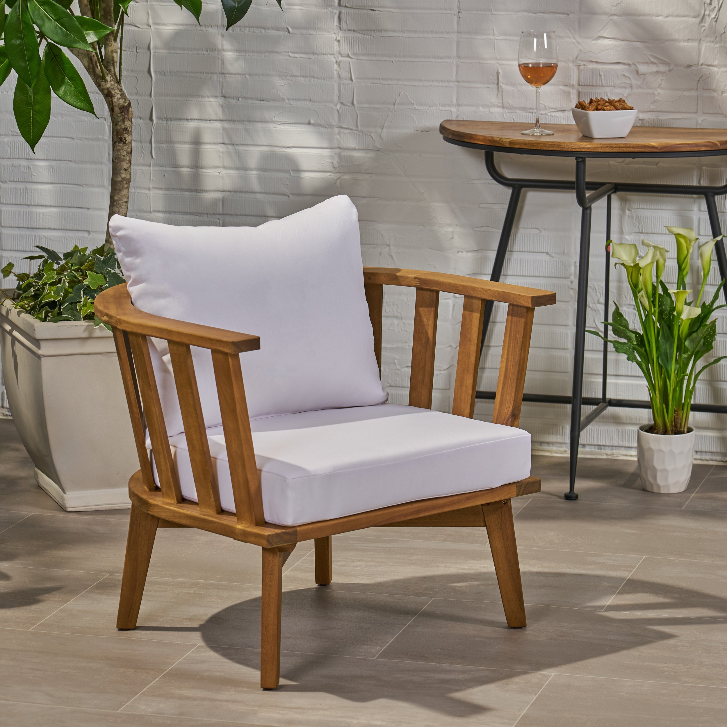 Dean Outdoor Wooden Club Chair with Cushions, White and Teak Finish