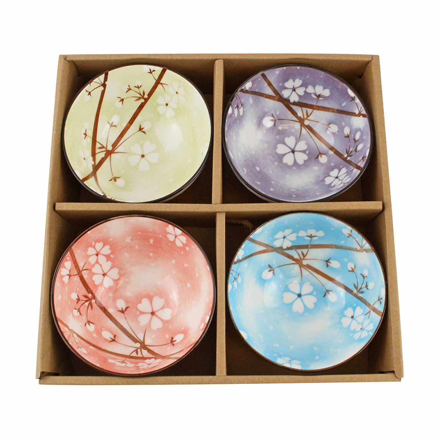 [Set of 4]Porcelain Sakura Floral Colorful JAPANESE Bowls W Gift Box  F15754